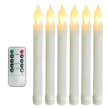 Imagem de Mxqdhx 6 peças de velas de plástico sem chama com temporizador remoto regulador, velas cônicas de 21,6 cm operadas por bateria, LED de plástico com chama cintilante para Halloween, Natal, igreja
