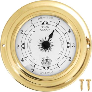 Imagem de Relógios de maré de 3,85 polegadas para costa leste – Relógio de maré de latão para marés altas e baixas, relógio náutico de barco pequeno para pendurar na parede, estação meteorológica, decoração