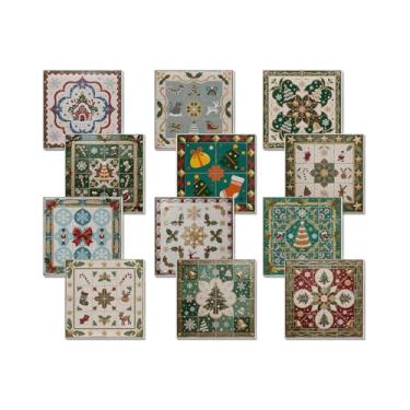 Imagem de Adesivos de azulejo de parede espessos para decoração de móveis e decoração de móveis, azulejos de backsplash de cozinha premium com estampa de elementos de Natal (12 peças, 15 x 15 cm)