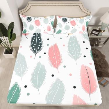 Imagem de Jogo de cama casal com estampa de penas de animal, estampa de bolinhas, decoração de quarto de crianças, meninas, meninos, 3 peças, lençol com elástico moderno, estilo boêmio, rústico, casa de fazenda