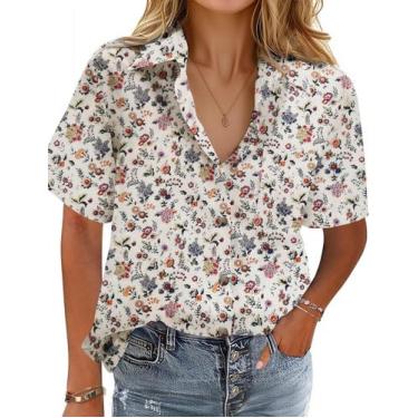 Imagem de Camisa HOTOUCH de linho com botões e manga curta para mulheres