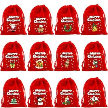 Imagem de 12 sacos de presente de Natal, tecido de veludo vermelho com cordões, sacos de doces e lanches de Natal, sacos de presente de vários tamanhos (vermelho 1, 17 * 23 cm)