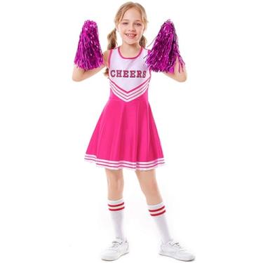 Imagem de LOLANTA Fantasia de líder de torcida para meninas, fantasia de líder de torcida, pompons, rosa, 8-10