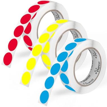 Imagem de Perco Etiquetas adesivas de ponto circular perfurado de 2,5 cm — 3 rolos, 3.000 adesivos redondos (1 vermelho, 1 amarelo, 1 azul) — com adesivo permanente para codificação de cores, vendas de garagem