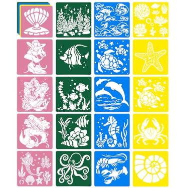 Imagem de Conjunto de 20 estênceis para crianças, criaturas do oceano, estêncil, sereia, vida marinha, para meninas, reutilizáveis, estêncil de desenho com tema submarino para pintura, ótimo presente de Natal