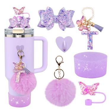 Imagem de Conjunto de 6 peças de acessórios de copo Stanley roxo - tampa de cobertura de palha de borboleta, laço brilhante para canudo, bota de silicone brilhante, pingente de letra e pompom para copos satnley