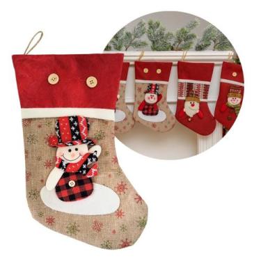Imagem de Bota Decorativa Meia Natalina Boneco de Neve Tecido Linho Bege Vermelh