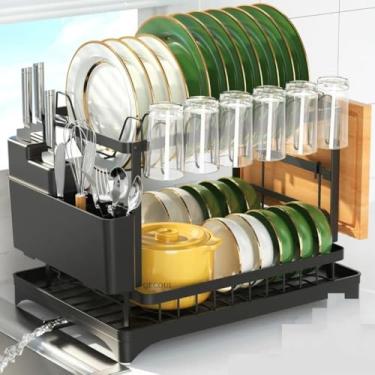 Imagem de Escorredor de Louça inox 2 Andares em Aço Inoxidável com Porta-Talheres, Bandeja Coletora de Água e Suporte para Copos, Pratos e Tábuas, escorredor organizador preto prato