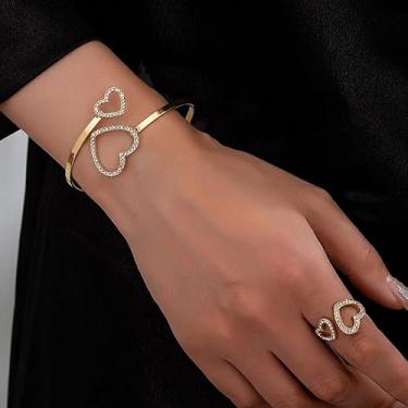 Imagem de Conjunto de pulseiras e anéis grossos dourados para mulheres, pulseiras modernas de ouro e prata que não mancham, joias modernas para presente feminino, Medium, Latão, Sem Pedra Preciosa