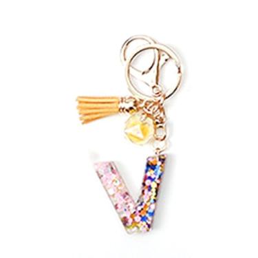 Imagem de 1 peça chaveiros de letra de polígono de resina pingente de borla dourada chaveiros de letras de resina para bolsa, carteira, mochila de 99 mm, Letra V dourada gradiente, 99mm
