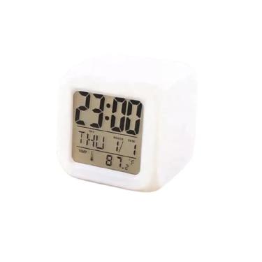 Imagem de Mini Relógio Despertador Digital com Display LED Colorido, Branco, 8x8x8cm, Plástico, Mostra Hora Data Temperatura, Função Soneca, Pilhas AAA