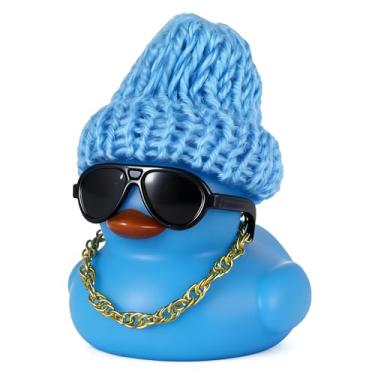 Imagem de Patos de borracha azul com chapéu de malha, óculos de sol e colar dourado - decorações de painel de carro faça você mesmo, decoração de alívio de estresse, enfeite de Natal, pato estridente para