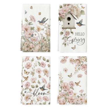 Imagem de Artoid Mode Bird House Toalha de prato floral borboleta Hello Spring, 45 x 66 cm, decoração de verão, conjunto de limpeza de 4