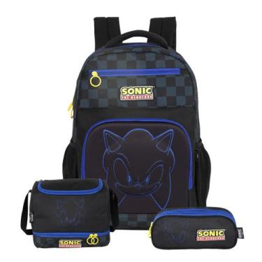 Imagem de Kit Mochila Sonic Costas Lancheira E Estojo Triplo Passeio Cor:Preto, 