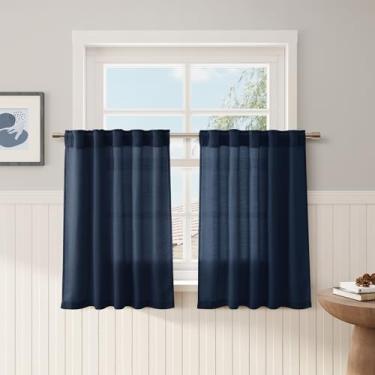 Imagem de Cortinas de café de linho azul jeans 61 cm de comprimento privacidade filtragem de luz semitransparente porta frontal pequena cortina de janela traseira bolso haste cortinas curtas plissadas para