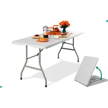 Imagem de Mesa Dobrável Portátil Vira Maleta com Alça 1,80m Camping Pesca Jardim Área Externa Interna Resistente (Branco)