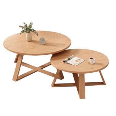 Imagem de Conjunto de 2 mesas de centro redondas industriais para sala de estar, mesa de centro de madeira, mesas laterais empilháveis, mesa lateral para sala de estar, mesa lateral de sofá