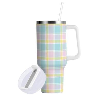 Imagem de Copo de 1,134 g com canudo e alça - Copos 2 em 1 à prova de vazamento - Copo grande de aço inoxidável isolado - Garrafa de água sem BPA Caneca de metal de viagem para mulheres e homens, xadrez macaron