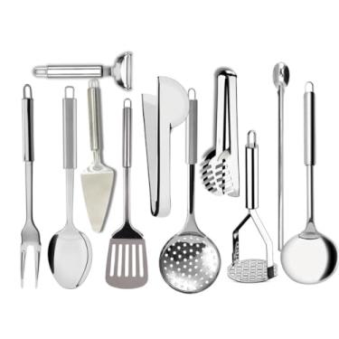 Imagem de Kit 15 Peças Utensílios para Cozinha em Aço Inox Jogo Completo Escumadeira Concha Espátula Pegador(11 Peças)