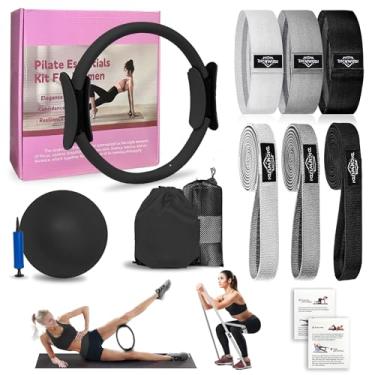 Imagem de DICYWUDI Kit essencial de Pilates para mulheres em casa, equipamento de pilates para exercícios, 6 faixas de resistência de tecido, anel de ioga de círculo mágico de 30,5 cm, mini bola de exercício