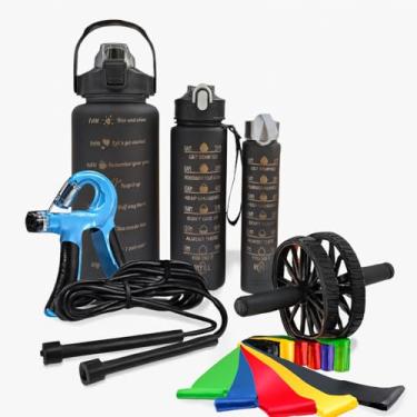 Imagem de Kit Fitness Para Treino Academia Funcional Com Roda Abdominal Rolo Lombar Exercícios Casa Yoga Pilates Grip Hand Ajustável Fortalecedor Antebraço Faixas Elásticas Mini Band Garrafa Água Motivacional