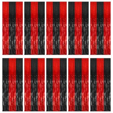 Imagem de Pacote com 10 decorações de festa preto e vermelho, cortina de tinsel para festa de Halloween, com franja, decoração de aniversário, cabine de fotos, Natal, Ano Novo, decoração de festa de formatura