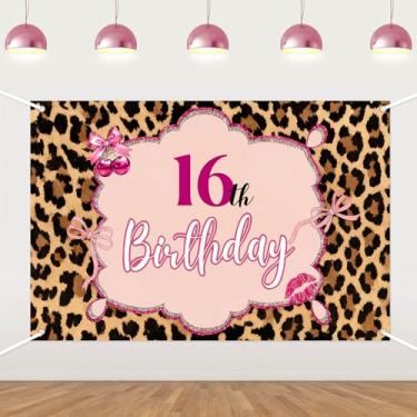 Imagem de Pano de fundo de aniversário de 16 anos com tema leopardo - faixa de fundo de cabine de fotos rosa cerejeira para meninas, suprimentos de festa de aniversário