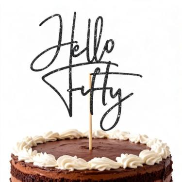 Imagem de Hello 50 Cake Topper – Decoração de bolo Hello Fifty com glitter dupla face, suprimentos de festa de 50º aniversário para aniversário de 50 anos / acessórios de cabine de fotos