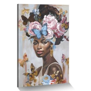 Imagem de Arte de parede em tela de mulher afro-americana e borboletas decoração de arte de mulher negra para quarto sala de estar banheiro - 61 cm C x 40 cm L