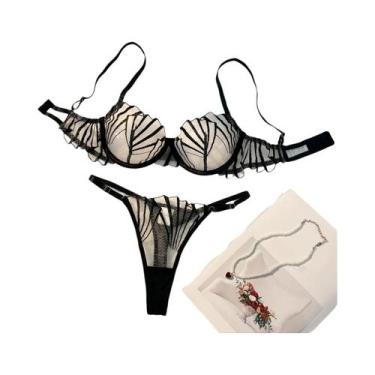 Imagem de Conjunto De Lingerie Feminina Preta Com Detalhes Em Renda Bordada, 2 P