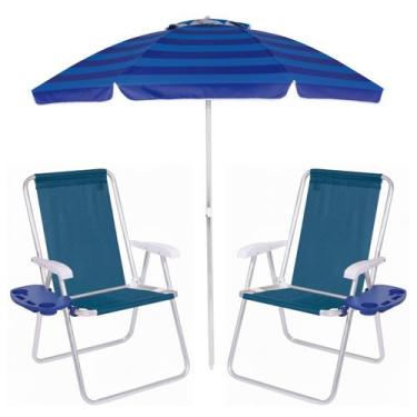 Imagem de Kit Praia 2 Cadeiras Alta Mesa Portátil + Guarda Sol Premium 2m Bagum 