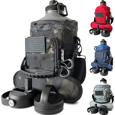Imagem de LUNCHALOT Garrafa de água de 1 galão - Garrafa de água de metal de aço inoxidável isolada de 3,6 g com suporte - bolsa de transporte - alça de bico - tampas de canudo - Mantenha frio e quente - frasco