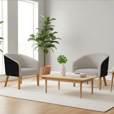 Imagem de Poltrona Sala Decorativa Kit 2 Stella Pé Madeira Trapézio Castanho Sintético Pu D03 - D'rossi Preto-linho Cinza