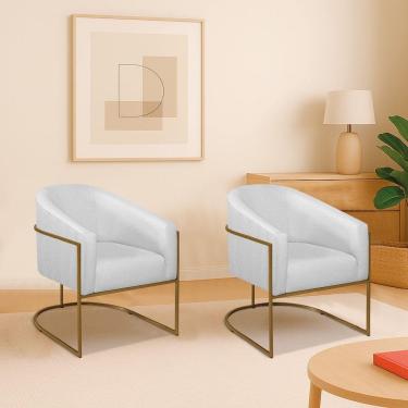 Imagem de Kit 2 Poltronas Decorativa Jade Moderno Escritório Confortável Luxo Base De Ferro Dourado Bouclé Cor Branco