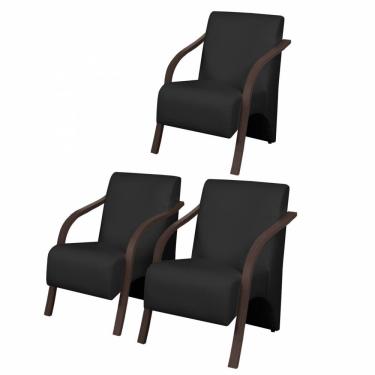 Imagem de Kit3 Poltronas Vênus 1 Lugar Pé Madeira Dsalla Courino Preto