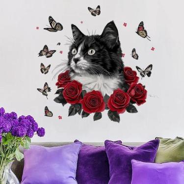 Imagem de Adesivos de parede Cat Red Roses Butterflies PVC 30x30cm - yiweisai