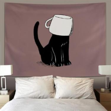 Imagem de Tapeçaria pendurada na parede com desenho animado de gato preto com ca