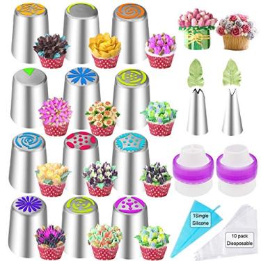 Imagem de Conjunto de 27 peças de pontas russas para cobertura de flores para decoração de bolos e cupcakes, 12 bicos russos para confeitar, 2 folhas, 10 sacos descartáveis para confeitaria, 1 saco reutilizável de confeitaria, 2 acopladores para assar