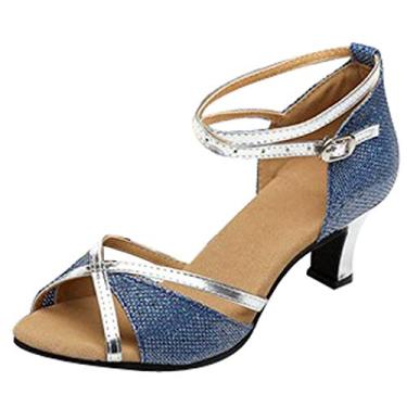 Imagem de Salsa Shoes Dança Quadrada Baile Dança Sapatos Femininos Latinos Salto Médio Sapato Grama, Azul, 7