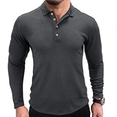 Imagem de NJNJGO Camisetas masculinas com nervuras musculares stretch slim fit manga longa treino camisas polo, Cinza, XXG