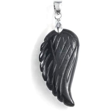 Imagem de 35 mm esculpido à mão mista pedra preciosa asa de anjo para colar pingente de contas, Approx 35mm, obsidiana preta, Obsidiana