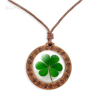Imagem de Dia de São Patrício Folhas Secas Sorte 4 Folhas Trevo Colar Medalhão de Vidro Geométrico Pingente Colar Impermeável Corda de Cera Brilha no Escuro Iluminação Casal 2 peças, Metal Vidro, Sem Pedra