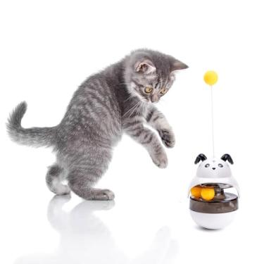 Imagem de Wagably Brinquedo quebra-cabeça para gatos, dispensador de ração para animais de estimação com equilíbrio automático - estimulador cerebral - alimentador lento - brinquedos para alívio do tédio,