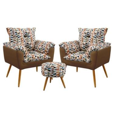 Imagem de Kit 2 Poltronas Decorativas Beta com Puff Solar Sued Estampado Laranja