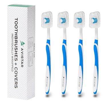 Imagem de 4 Pack Toothbrushes for Adults - Individually Wrapped Medium Bristle Toothbrushes with Covers - Blue - Convenient & Affordable Dental Care for Travel, Hotels, Airbnb, Missions & More