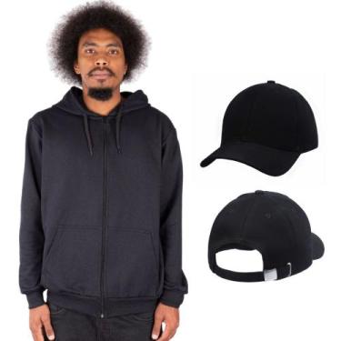 Imagem de Jaqueta de Moletom Blusa Zíper Fechado Masculina + Boné Bolsos Canguru