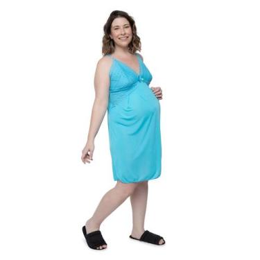 Imagem de Camisola Gestante e Pós Parto Azul em Liganete com Detalhe em Renda - 