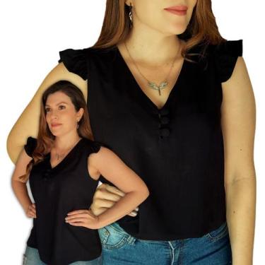 Imagem de Blusa Social Regata Babado Bufante Feminina Botões Tecido Viscolinho -