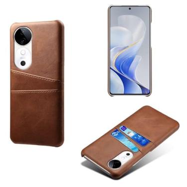 Imagem de Capas Compatível com VIVO S19 5G,Caso de couro PU-Tampa de telefone a prova de choque com 2 slots de cartão,Proteção anti-impressão digital e anti-gota-Brown