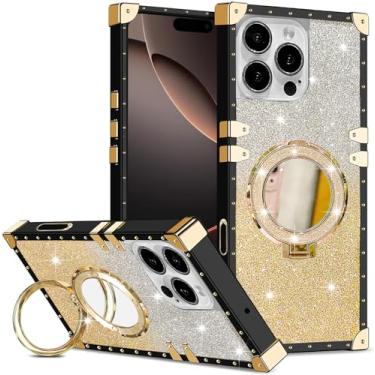 Imagem de DMaos Capa feminina para iPhone 15, gradiente de glitter, compatível com Magsafe, espelho magnético com suporte para iPhone15 de 6,1 polegadas - dourado